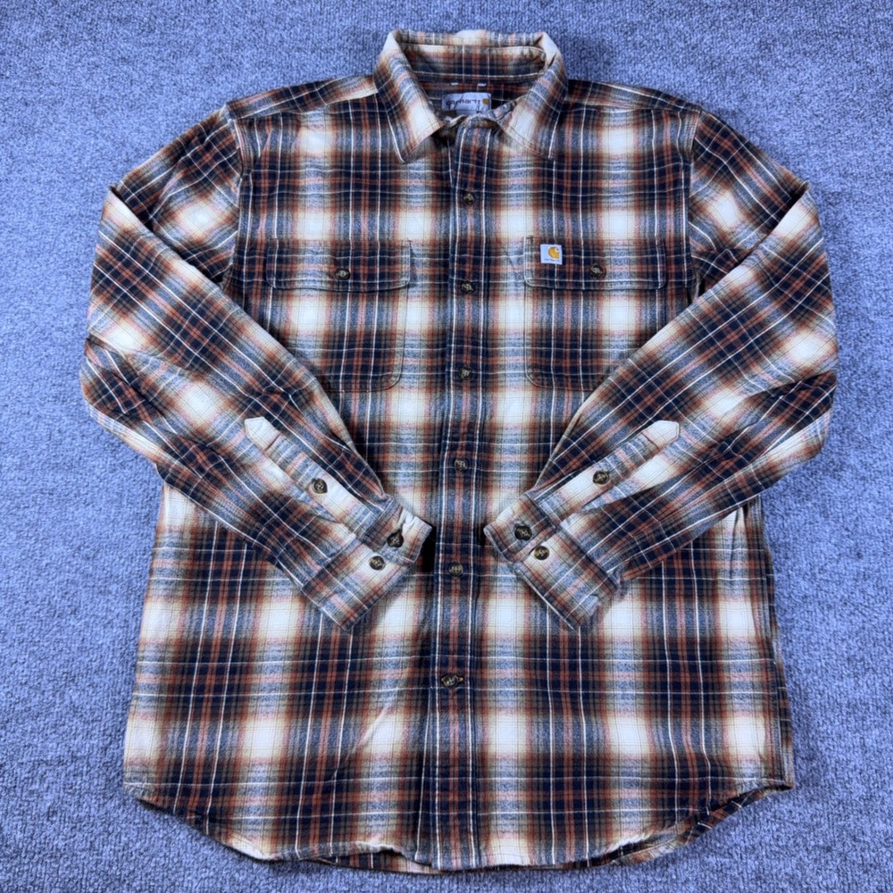 Carhartt Mens Medium Plaid Flannel Shirt Brown Orange Button Down